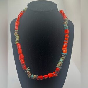 Vintage Bamboo Coral & Turquoise Necklace Sterling Silver Clasp Boho
